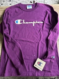 Champion Long Sleeve Purple Spellout Shirt Raised Velvet Letters Woman’s XS NWT - Picture 1 of 5