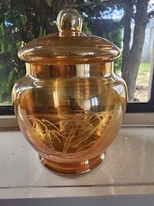 Vintage~50’s~Etched, Marigold Iridescent Carnival Glass~Lidded Candy Jar~Lustre - Picture 1 of 7