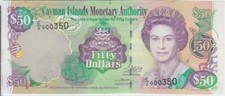 Cayman Islands banknote P. 32b 50 Dollars serie 2003 low serial nbr  QE II, UNC