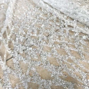 5 YARDS / Erine Geometric Silver Beaded Glitter Embroidery Mesh Lace Fabric - Picture 1 of 8