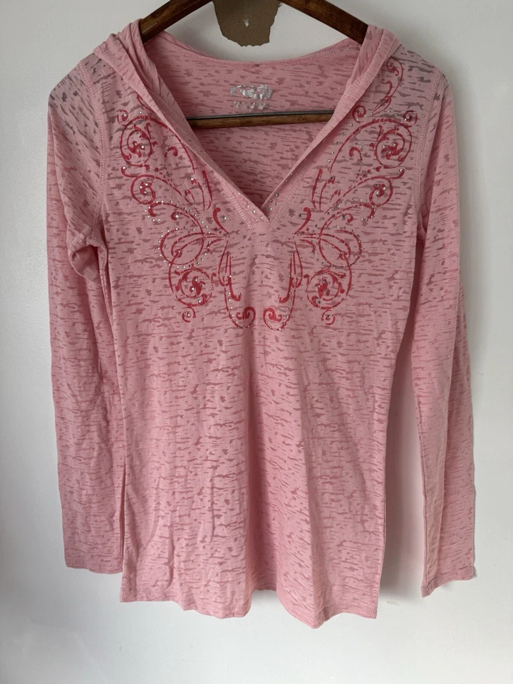 Roper NUEVO Damas Manga Larga Con Capucha Burnout Camiseta Sudadera con Capucha Rosa Occidental Talla Pequeña Foto 1 de 4