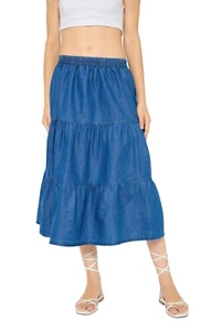 Women's Denim Midi Skirt A-Line Elastic Waist Swing Casual Blue jeans Maxi Dress - Picture 1 of 8