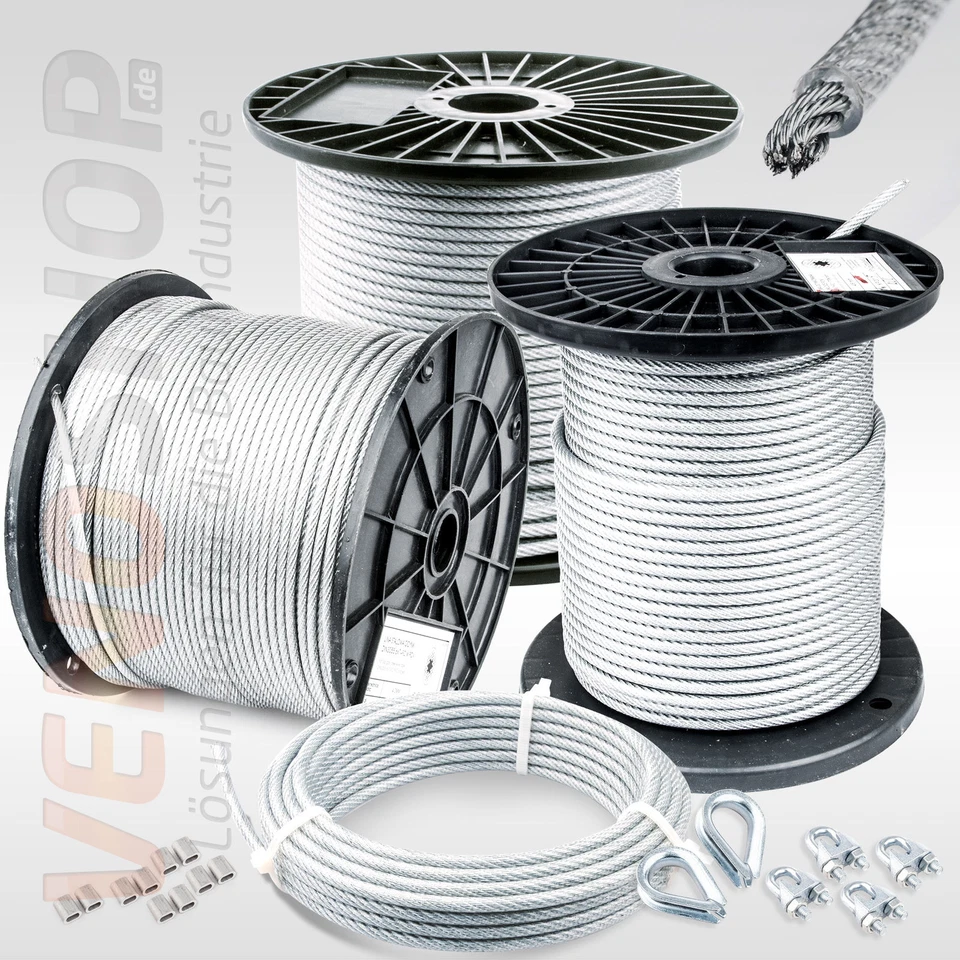 TIM'S WAREN 4mm STAHLSEIL PVC SET: 2 Kauschen 4 Klemmen Seil Seile Drahtseil DIN ummantelt