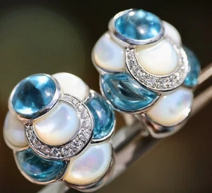 18K 750 SOLID WHITE GOLD 23.3GRAMS DIAMOND TOPAZ MOP OMEGA POSTS EARRINGS - Picture 1 of 9