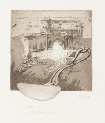 E. MAYER (*1932), Löffel vor Stadtmauer. Surreales Stillleben, Rad. Contemporary - Bild 1 von 4