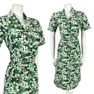 VESTIDO CAMISERO VINTAGE AÑOS 70 VERDE BLANCO MOD DAGA GEOMÉTRICA RAYAS LUNADAS CINTURÓN 10 Foto 1 de 4