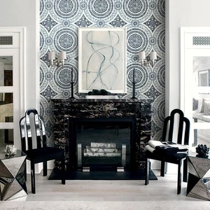Denim Blue Damask Wallpaper Wallquest Caspia Circle Classic Acrylic Coated - Picture 1 of 5