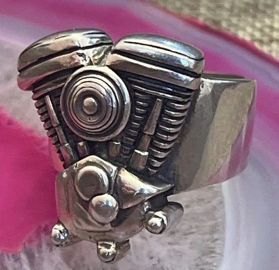 Anillo de motociclista de plata de ley 925 cabeza de nudillo V doble motor Harley Davidson talla 13 Foto 1 de 4
