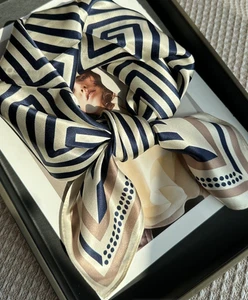 100% Mulberry Silk Bandana Scarf Blue stripes Print 26'' Shawl Neckerchief wrap  - Picture 1 of 4
