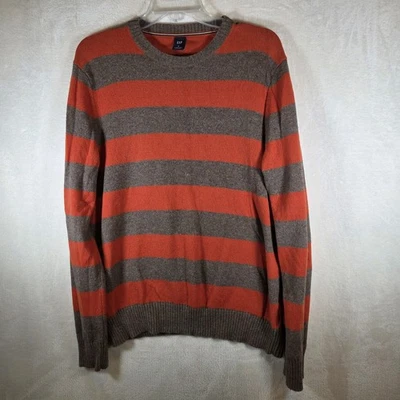 Gap Mens Sweater Orange Brown Stripe Cotton Wool Crew Neck Size M Autumn Cozy  - Image 1 of 4