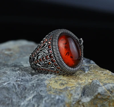 Anillo hecho a mano de piedra ámbar natural serpiente serpiente plata 925 Foto 1 de 4