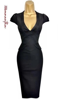 Karen Millen Size UK 14 VINTAGE TUXEDO WOOL PENCIL COCKTAIL DRESS IN BLACK - Image 1 of 4