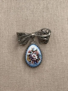 VTG Russian Rostov Finift Brooch Pin Enamel Hand Painted Filigree Bow Folk Art - Picture 1 of 8