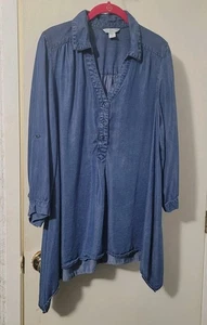 100% Tencel Denim asymmetrisch Knopf Tunika Shirt 1X Boho V-Ausschnitt 3/4 Arm - Bild 1 von 6