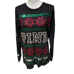 Victoria's Secret PINK Pailletten Langarm Weihnachtsshirt Glitzer Gr. S Oversized - Bild 1 von 9