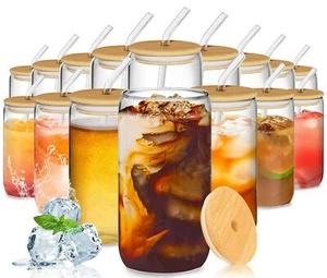 16Pcs Glass Cups with Lids and Straws, 16oz Glasses Drinking Set, Iced Coffee... - Picture 1 of 7