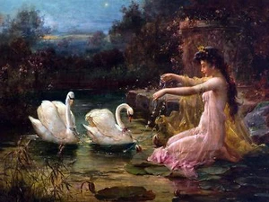 Dama en el lago de los cisnes por H. Zatzka azulejo mural cocina salpicadero cerámica 10x8 - Imagen 1 de 3
