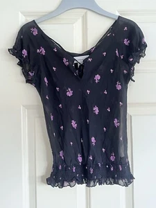 Warehouse Chiffon 100% Silk Ruffle Trim Tie Neck Gypsy Top Blouse Black Size 10 - Picture 1 of 9