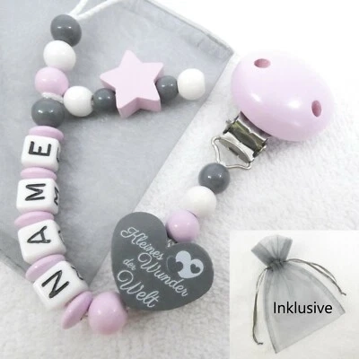 GIFT-STORE24 Schnullerkette mit Namen, rosa, grau, weiß, kleines Wunder, Herz, Mädchen