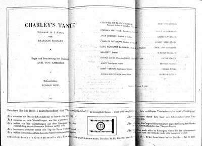 Rarität - Charley's Tante 1950 - Abendzettel - Renaissance-Theater Berlin - Bild 1 von 3