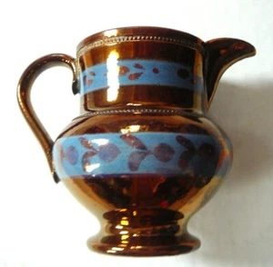 ANTIQUE COPPER LUSTER BLUE BANDED 3.5" SMALL PITCHER - UNMARKED VERY GOOD - Picture 1 of 4