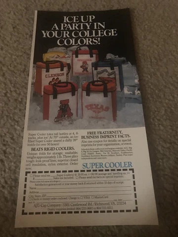 Vintage 1980 ADJ SUPER COOLER NCAA Print Ad ALABAMA CLEMSON TIGERS FLORIDA GATOR Cover