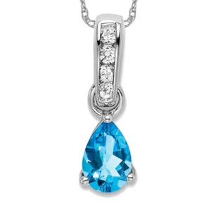 10K Solid White Gold Pear Swiss Blue Topaz Diamond Necklace - Picture 1 of 12