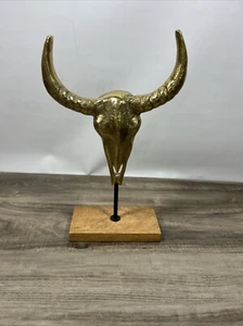 Solid Brass Bull Cow Skull Sculpture W/Stand Western Home Decor Gothic VGC! - Picture 1 of 8