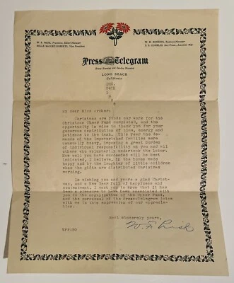 Telegrama firmado de 1926 por William F. Prisk periódico de California Executive Politi Foto 1 de 4