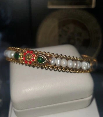 Indian Artisan Brass Real Pearl Byzantine Style Green Gripoux detail bracelet - Image 1 of 4