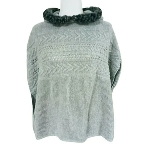 Gap Hoodie Sweater Poncho Cable Knit Heather Grey Faux Fur Trim Hood XL TG - Picture 1 of 12