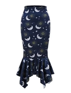 Womens Size 8-10 Navy Celestial Velvet Fitted Midi Skirt Mermaid Hanky Hem Hem S - Picture 1 of 4