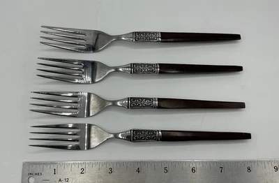 4 Vintage Ekco Eterna LA JOYA Stainless Japan MCM Dinner Forks Wood Handles - Image 1 of 3