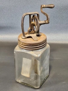 Antike Handkurbel Butterdose Glas 2 Quart Metall Paddel - Bild 1 von 6
