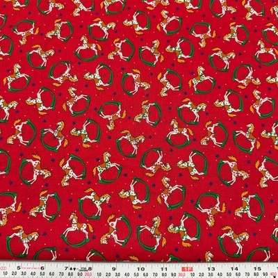 Vintage Cranston Rocking Horse & Stars on Red Cotton Fabric by the HALF YARD - Image 1 of 2