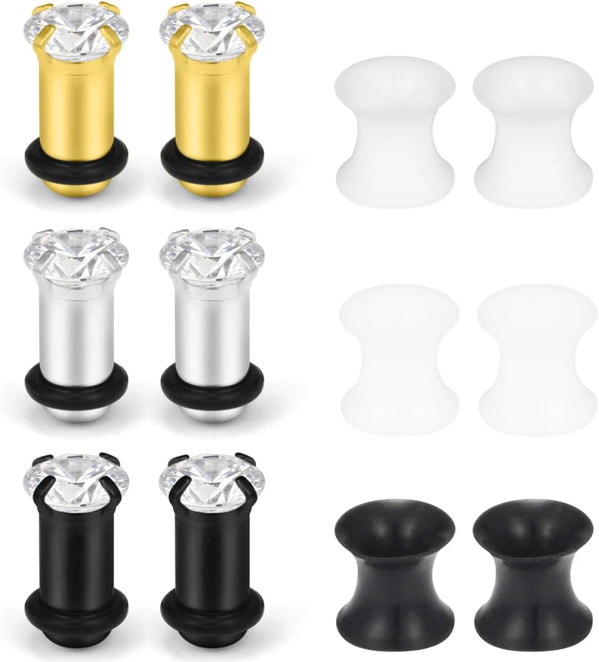 Juego de 6 pares de medidores de oreja flexibles de acero inoxidable y silicona de diamante transparente Foto 1 de 3