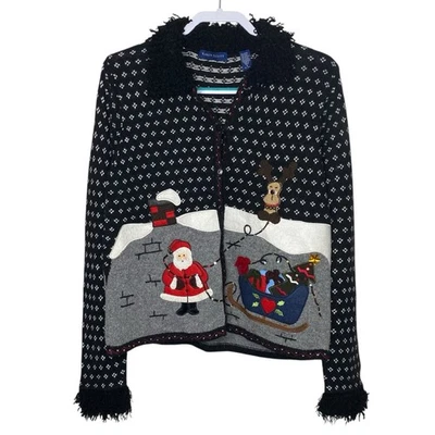 Karen Scott Feo Navidad Suéter Mujer Pequeño Cárdigan Negro Santa Reno Foto 1 de 4