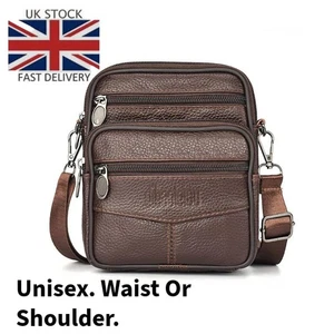 REAL LEATHER TRAVEL WAIST SHOULDER BAG FOR MEN WOMEN IN BROWN - Picture 1 of 9