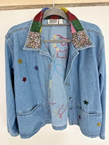 VTG 90s  Chico's Design Stargazer Beaded Denim Jacket Women’s Sz 3 - Picture 1 of 14