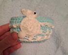 Vintage Handmade Crocheted Easter Basket With Handle Cute Bunny Blue