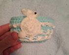 Vintage Handmade Crocheted Easter Basket with Handle Cute Bunny Blue