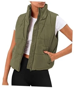 Puffer Vest Women Sleeveless Winter Cropped Outerwear Warm Medium Army Green - Picture 1 of 7