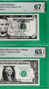 MATCHING  $5 &  $1  LOW Serial Number 00002507 Federal Reserve TWO NOTES PMG 67 - Picture 1 of 3