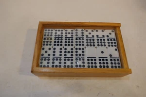 Vintage Double Six Dominoes in Wood Box w Glass Lid 28 Pieces Tiles Complete Set - Picture 1 of 3