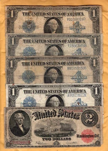 Group lot of 4 $1 Series 1923 Silver Certificates and a $2 1917 U. S. Note - Picture 1 of 5