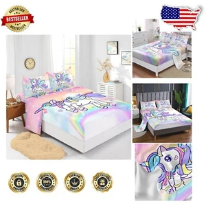 Colorful Unicorn Fitted Sheet Set Twin - 4-Piece Comfortable Bedding for Kids - Picture 1 of 7