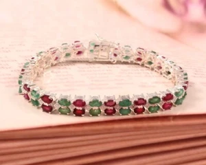 15.ct OvalCut Natural Ruby & Emerald Women tennis Bracelet 925 Sterling silver - Picture 1 of 5