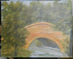 Pa. Pintura de arte popular por McCardle Bridge, arroyo, arbolado envolvente 20" por 16" - Imagen 1 de 9