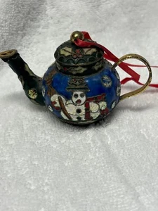Snowman Cloisonne Enamel Christmas Teapot ornament tag blue vintage - Picture 1 of 6