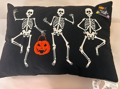 Halloween Embroidered Skeleton Pumpkin Pillow Black White Orange 14 X 20 New! - Image 1 of 2